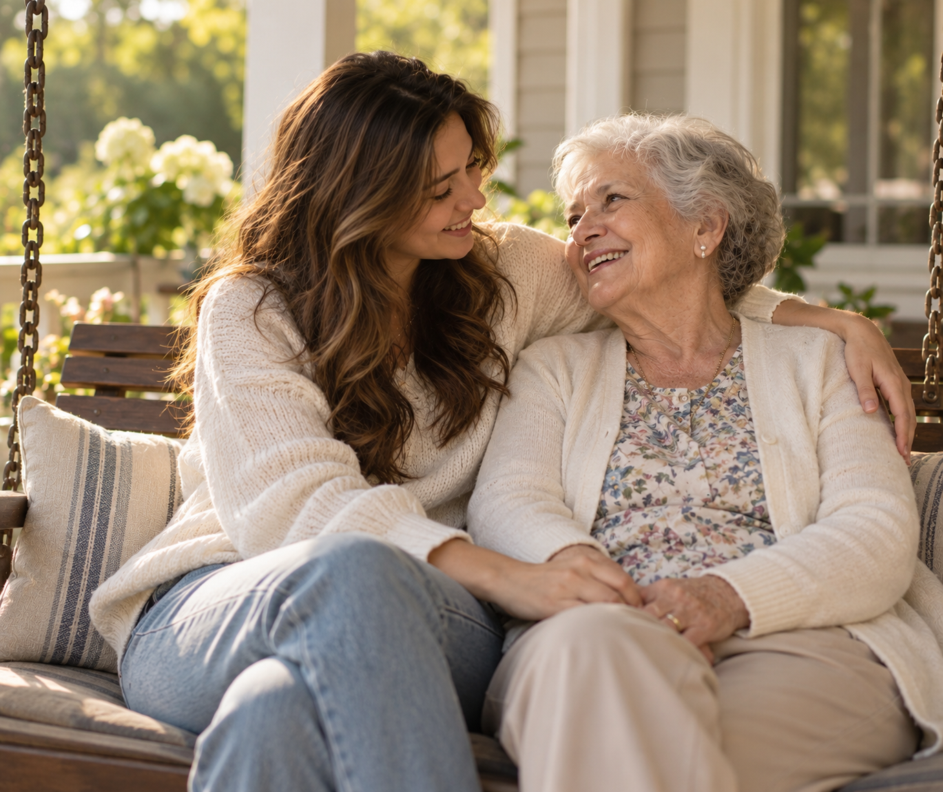Generational joy on the porch at Haven Memory Care