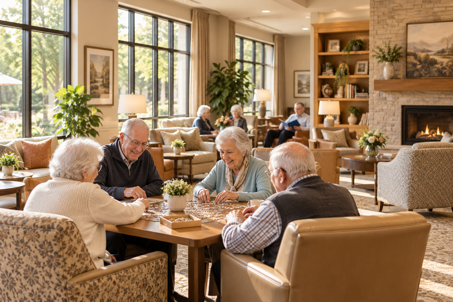 Sunny retirement lounge puzzle gathering at Haven Memory Care